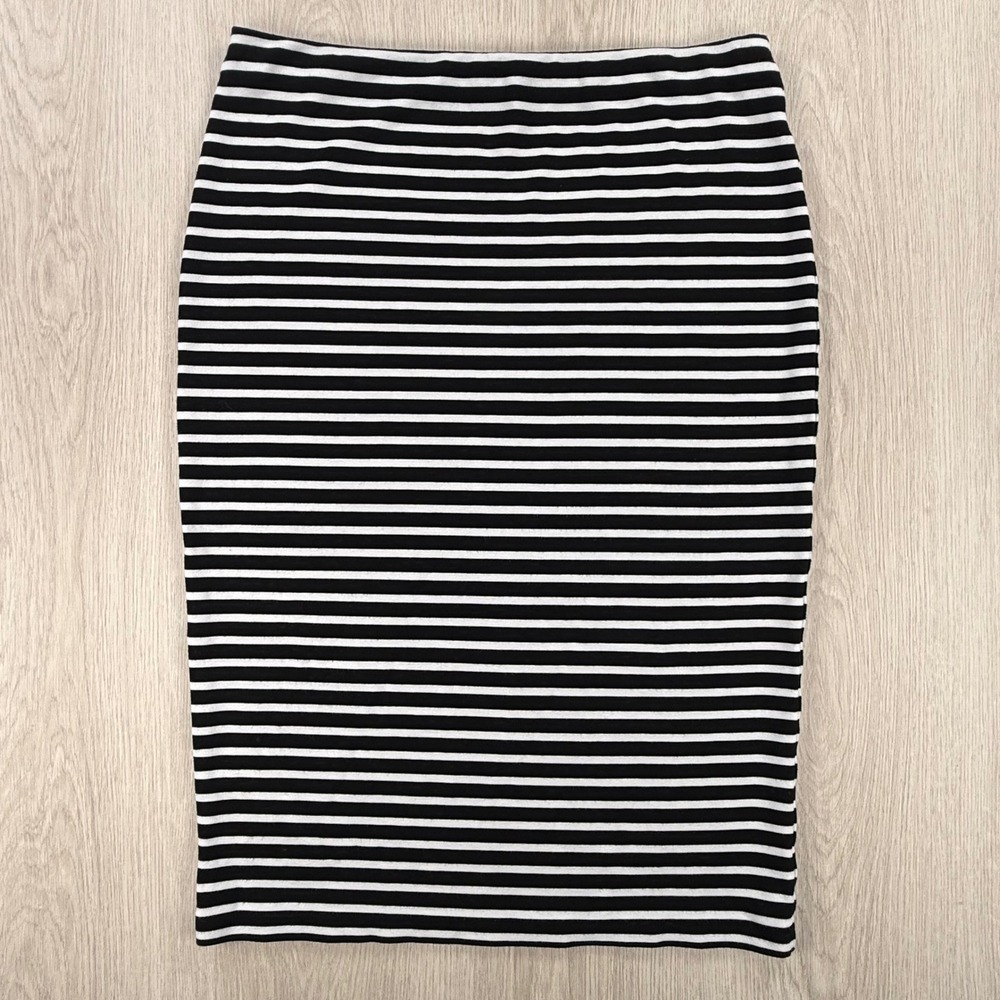 Pencil Skirt Sanctuary Clothing Women L Black White Striped Knee Length Stretch
